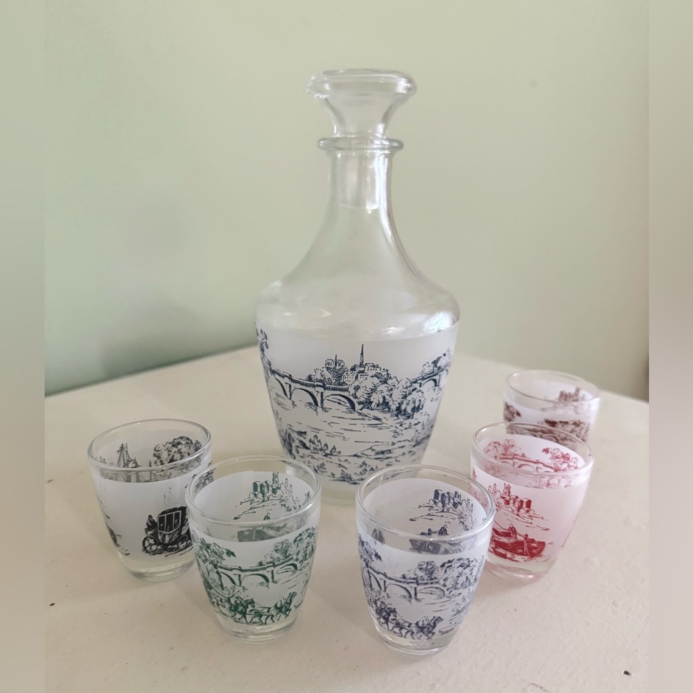 Vintage 1960’s French Scenic Decanter Set with Multicolor Shot Glasses